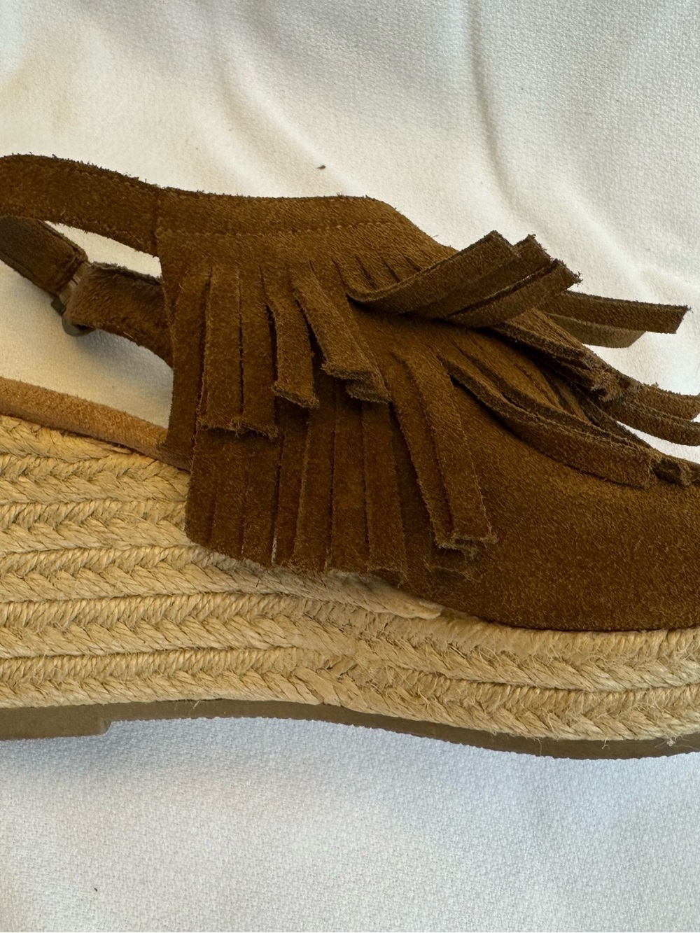 Minnetonka Ashley Suede Fringe Wedge Sandals 8 Brown Boho Espadrille Slingback - Picture 7 of 12